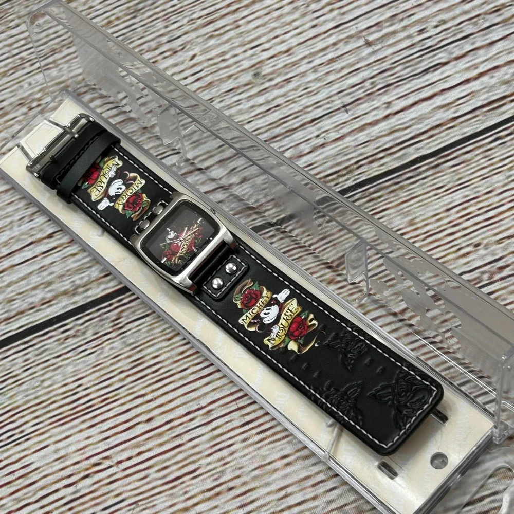 Disney Parks Mickey Mouse Tattoo‎ Style Cuff Watch Square Case In Box Old Stock